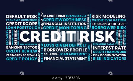 Credit risk word cloud dark finance background and banking concept. Credit risk typography illustration Stock Vector
