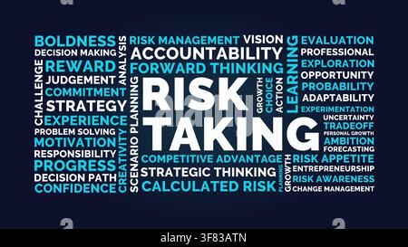 Risk taking word cloud dark business leadership concept and strategy. Risk taking motivation typography Stock Vector