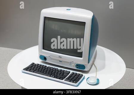 Apple Computer iMac G3 on table. Consumer product designed by Jonathan Ive and released in 1998. Stock Photo