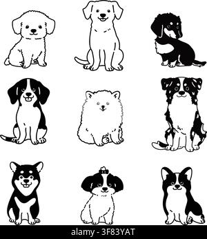 Set of cute and simple dogs sitting in front view with only outlines Stock Vector