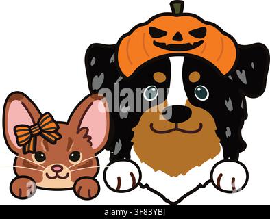 Simple and adorable Halloween illustration of Abyssinian cat and Australian Shepherd with paws Stock Vector