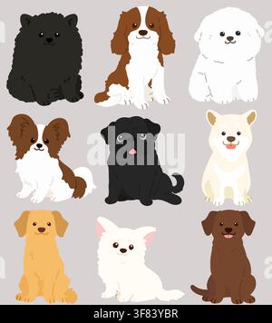 Set of flat colored adorable dogs sitting in front view Stock Vector