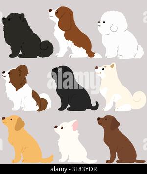 Set of flat colored adorable dogs sitting in side view Stock Vector
