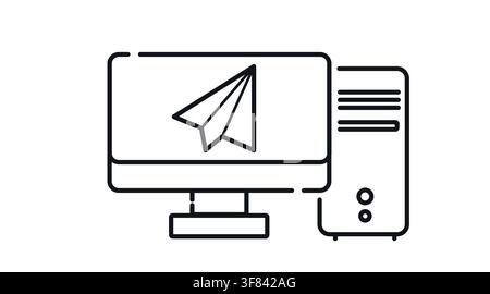 Desktop computer tower and monitor with paper airplane symbol on screen vector icon. Stock Vector