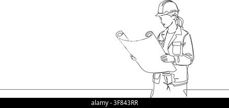 continuous line drawing of female architect or civil engineer wearing hard hat examining blueprint or construction plan, line art vector illustration Stock Vector