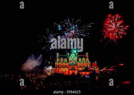 Fireworks display above Beaumesnil castle on a summer night in Eure, France Stock Photo