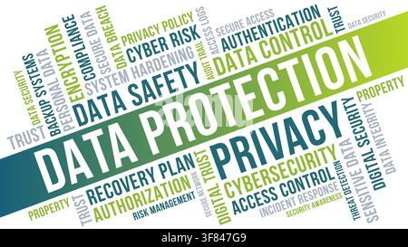 Data protection privacy word cloud design showing cybersecurity data safety access control and digital trust Stock Vector