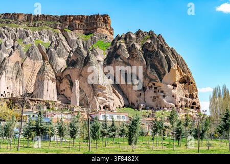Exploration of fairy chimneys in Cappadocia reveals unique rock formations and caves Stock Photo