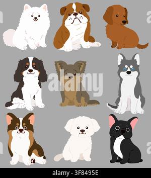 Set of flat colored cute and simple dogs sitting in front view Stock Vector