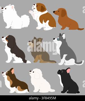 Set of flat colored cute and simple dogs sitting in side view Stock Vector
