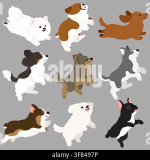 Set of flat colored cute and simple dogs jumping and playing Stock Vector