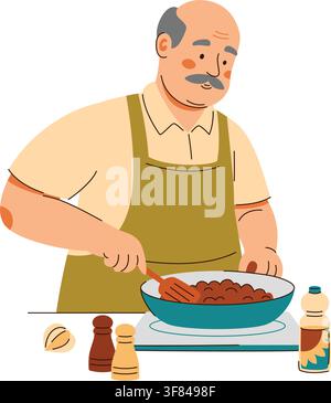 Elderly man with mustache in apron stirring food in a frying pan on the stove, preparing dinner Stock Vector