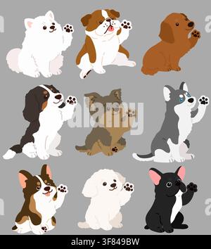 Set of flat colored cute and simple dogs sitting and waving hand Stock Vector