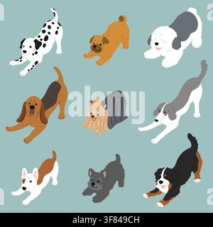 Simple and cute playful dogs illustrations set flat colored Stock Vector
