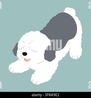 Simple and cute playful Old English Sheepdog illustration flat colored Stock Vector