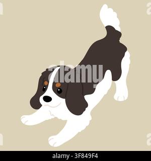 Simple and cute flat tri colored illustration of Cavalier King Charles Spaniel being playful Stock Vector