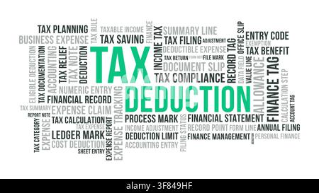 Tax Deduction Word Cloud Design for Finance Poster, Accounting Wall Art. Tax Deduction modern green typography Stock Vector