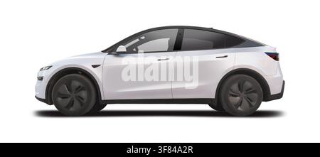 White electric SUV car Tesla Model Y side view isolated on solid white background Stock Photo