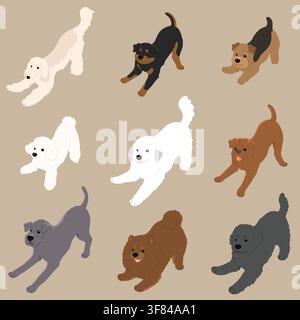 Simple and cute playful dogs illustrations set flat colored Stock Vector