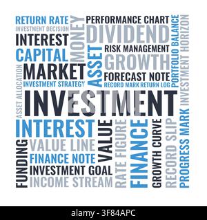 Investment Word Cloud Design for Finance Poster, Trading Office Decor. Investment modern blue gray typography Stock Vector