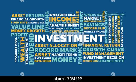 Investment Word Cloud Design for Finance Poster, Trading Classroom Decor. Investment bold blue yellow typography Stock Vector