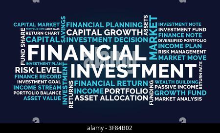 Financial Investment Word Cloud on Dark Blue Background, Capital Growth and Portfolio Strategy Design Stock Vector