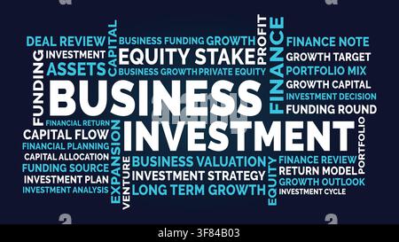 Business Investment Word Cloud Design on Dark Background, Venture Capital and Equity Strategy Theme Stock Vector