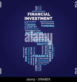 Financial Investment Word Cloud Circle Design on Dark Blue Background, Portfolio and Asset Strategy Theme Stock Vector