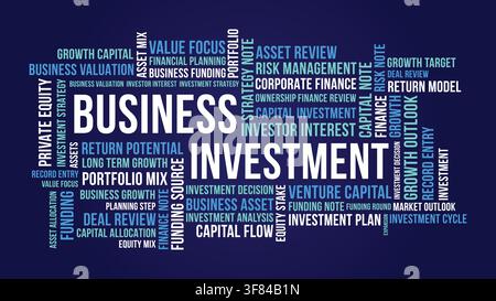 Business Investment Word Cloud on Dark Blue Background, Venture Capital and Corporate Finance Theme Stock Vector