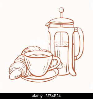 French press coffee maker with cup and croissant in line art style. Breakfast cafe menu element. Hand drawn sketch. Vector illustration for web design Stock Vector