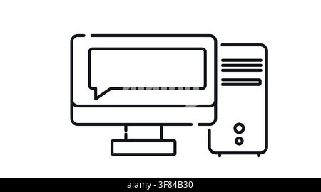 Desktop computer tower and monitor with speech bubble symbol on screen vector icon. Stock Vector