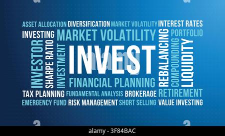 Invest Word Cloud Design for Poster, Wall Art, Financial Planning Banner, Classroom Decor. Invest modern blue finance typography Stock Vector