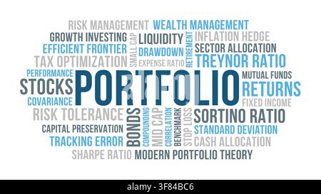 Portfolio Word Cloud Design for Poster, Wall Art, Financial Education Print, Classroom Decor. Portfolio minimalist blue typography Stock Vector