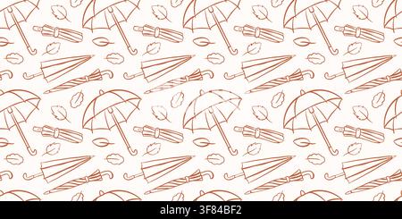 Seamless rain autumn pattern with sketch umbrella and leaf in line art style. Weather concept. Simple brown linear illustration on beige background. Stock Vector