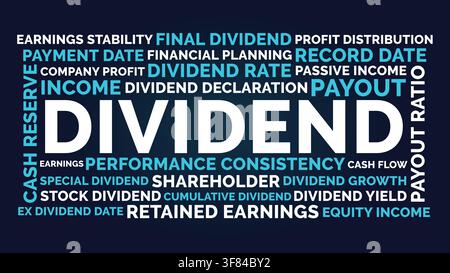 Dividend Word Cloud Design for Income, Shareholders, Finance, Investment. Dividend Dark Blue Concept Stock Vector