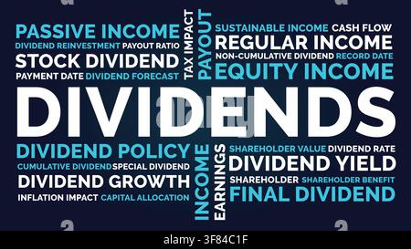 Dividends Word Cloud Design for Passive Income, Yield, Shareholders. Dividends Dark Blue Concept Stock Vector