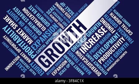 Growth Word Cloud Design for Expansion, Increase, Business, Success. Growth Blue Diagonal Concept Stock Vector