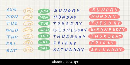 days of the week arranged on grid paper with playful repetition and vibrant colors for educational use in children's content top-down perspective Stock Vector