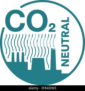 CO2 neutral. Flat badge with factory silhouette, net zero carbon footprint - carbon emissions free no air atmosphere pollution industrial Stock Vector