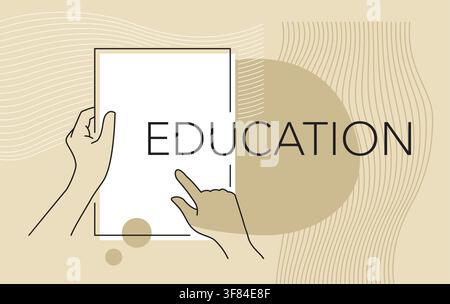 Education e-learning or testing examination banner. Drawn outline hands holding blank paper and place for message text. Vector illustration Stock Vector