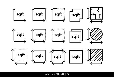 Square feet measurement icons with floor plan and area Stock Vector