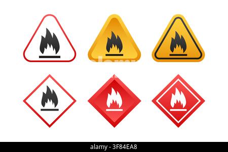 Flammable warning signs set indicating fire hazard Stock Vector