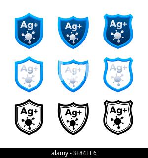 Silver ion antibacterial shield icon set Ag plus virus protection Stock Vector