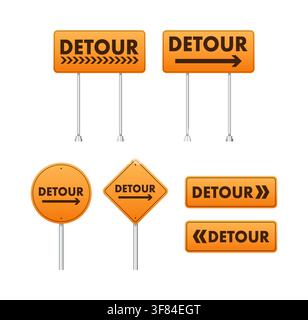 Detour signs indicating road direction and construction warning Stock Vector