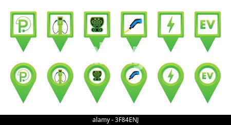 Electric vehicle charging station location map pins Stock Vector