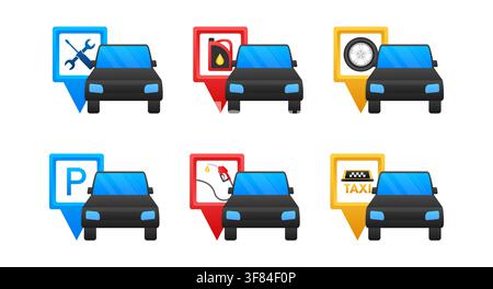 Black cars with navigation pins for automotive services Stock Vector