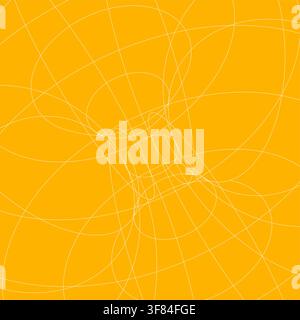 Abstract yellow mathematical background featuring multiple thin white curved lines, overlapping circular arcs, geometric intersections, and flowing or Stock Vector