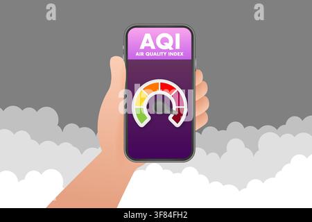 Hand holding smartphone showing Air Quality Index app Stock Vector