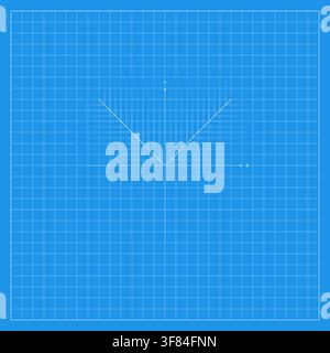 Blue algebraic graph background featuring a fine square coordinate grid and a thin white angular V-shaped mathematical line. The clean geometric compo Stock Vector