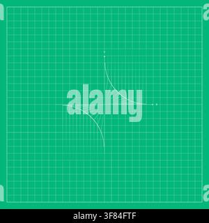 Green algebraic graph background featuring a fine square coordinate grid and several thin white curved lines intersecting across the mathematical plan Stock Vector